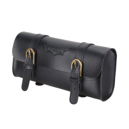 Retro black PU leather waterproof cycling handlebar bag with buckle straps and embossed logo. Ideal for bike rides and travel.