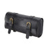 Retro black PU leather waterproof cycling handlebar bag with buckle straps and embossed logo. Ideal for bike rides and travel.