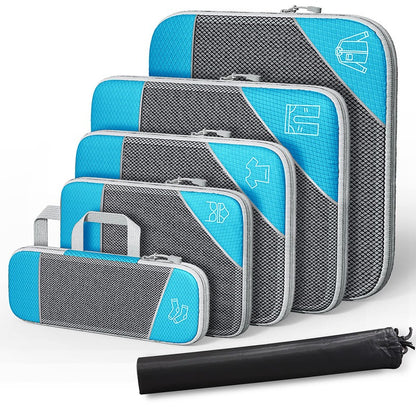 Travel compressible storage bags set in blue and gray, perfect for organizing shoes, clothing, and accessories.