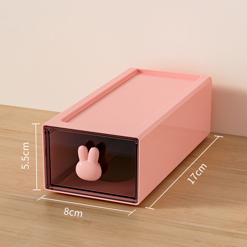 Large capacity pink plastic desktop storage box with bunny-shaped handle and measurements displayed for organization.