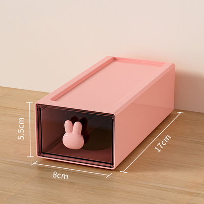 Large capacity pink plastic desktop storage box with bunny-shaped handle and measurements displayed for organization.