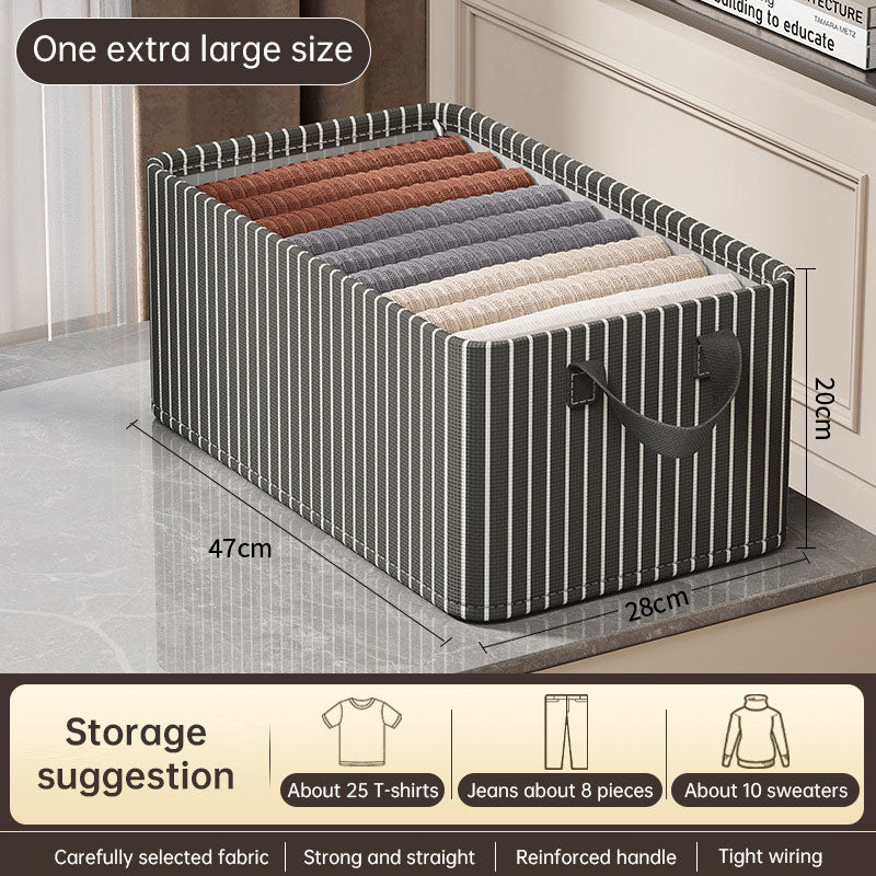 Extra large striped Oxford cloth storage basket with reinforced handles, measuring 47x28x20cm for clothing organization.