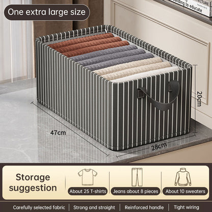Extra large striped Oxford cloth storage basket with reinforced handles, measuring 47x28x20cm for clothing organization.