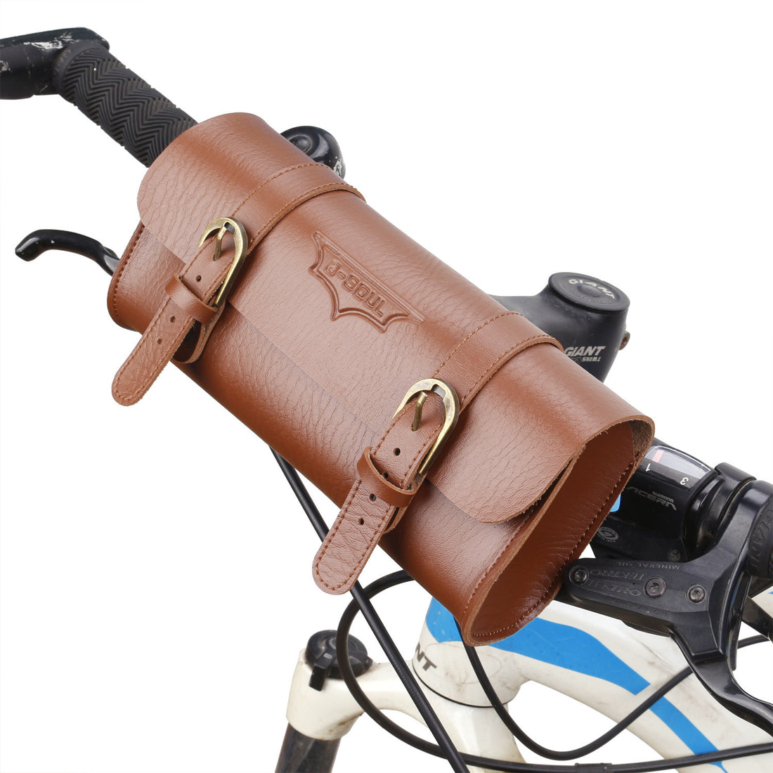 Retro PU leather waterproof bicycle handlebar bag, stylish cycling accessory with adjustable straps.