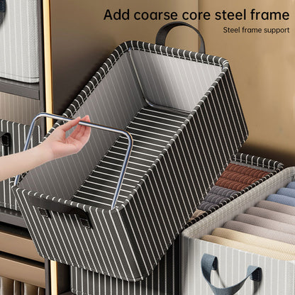 Striped Oxford fabric storage basket with steel frame, featuring reinforced handles for easy handling and support.
