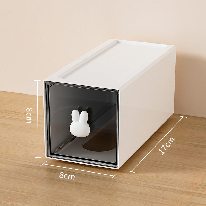 Large capacity white plastic desktop storage box with rabbit-shaped handle, measuring 17cm x 8cm x 8cm.